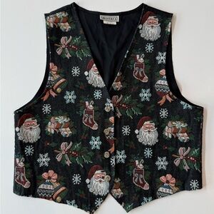 Vintage Mirrors Womens L Santa Needlework Tapestry Vest Holiday Party Mistletoe